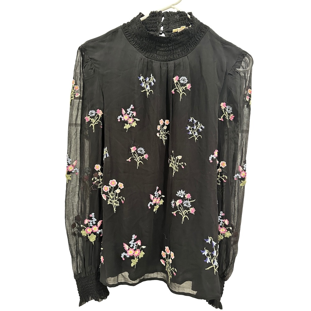 Sundance Embroidered Floral Top Smocked Neckline Sheer‎ Long Sleeve Blouse